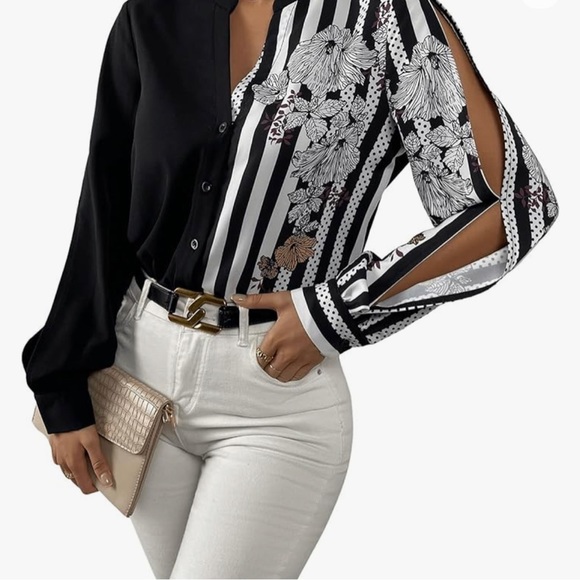 Women’s Floral V Neck Button Down Colour Block Blouse. Size L - Picture 3 of 5